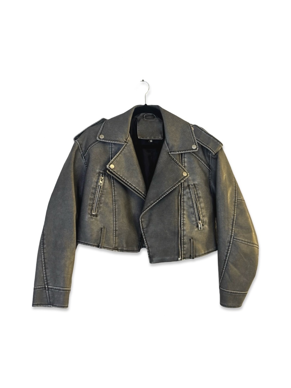 Distressed Faux Leather Cropped Moto Jacket Grey/Black with Silver Hardware NWOT